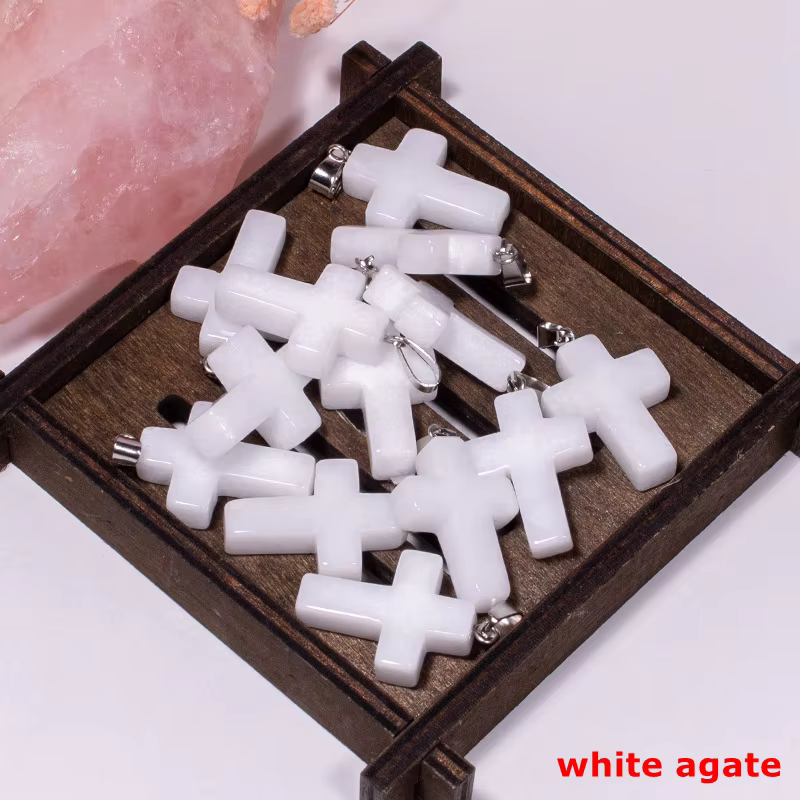 Natural Engraved Crystal Stone Cross Pendant Gemstone Necklace for Jewelry Making