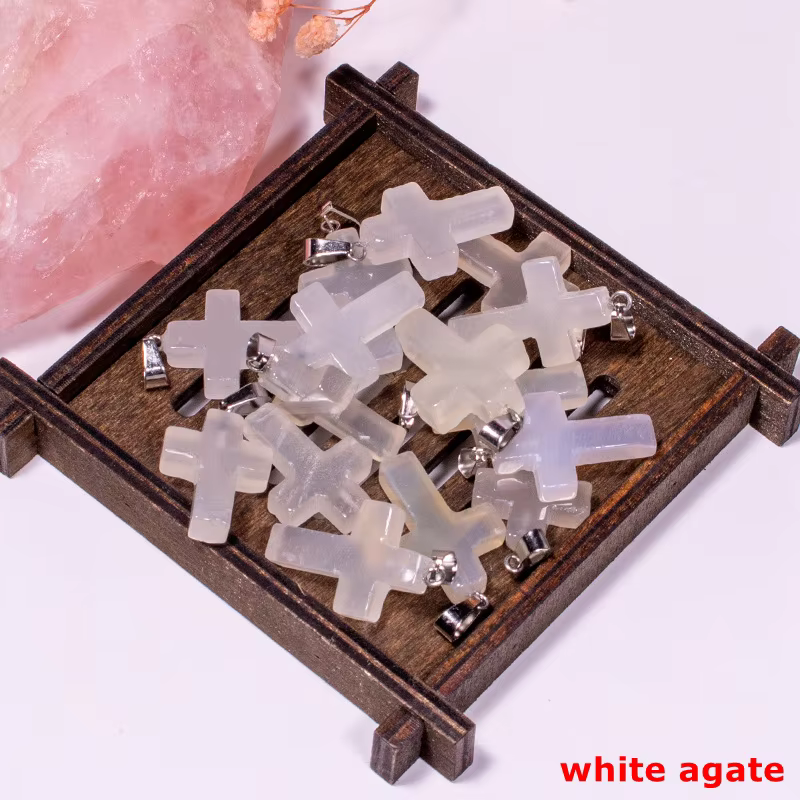 Natural Engraved Crystal Stone Cross Pendant Gemstone Necklace for Jewelry Making