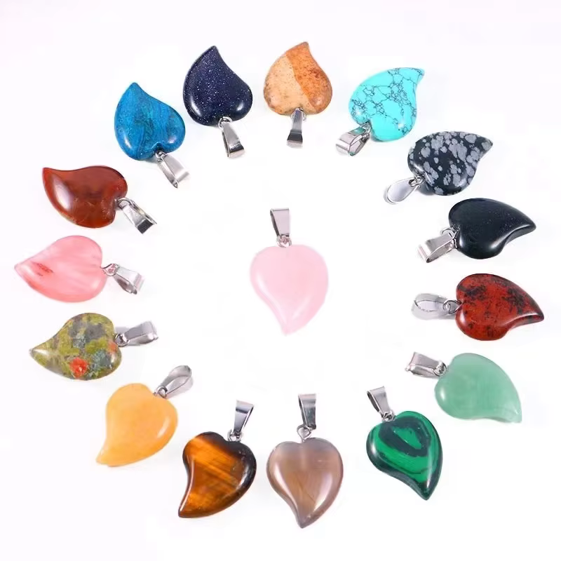 Natural Stone Crystal leaf Pendant Crystal Rose Quartz Heart Agate Pendant Necklace Gemstone Jewelry
