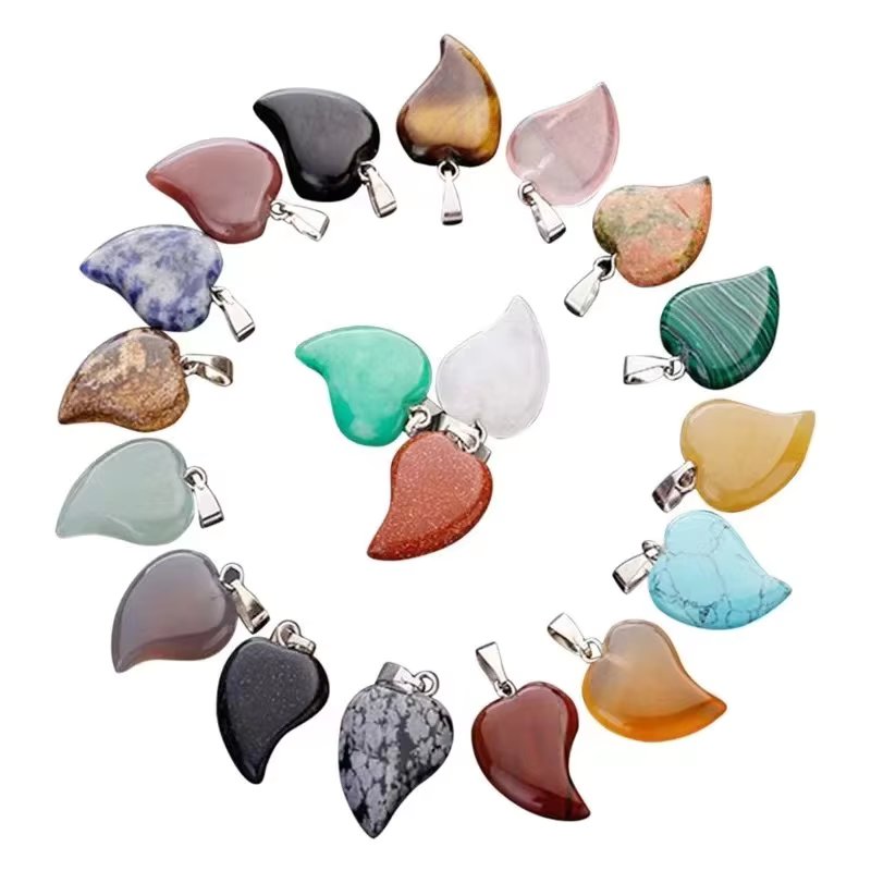 Natural Stone Crystal leaf Pendant Crystal Rose Quartz Heart Agate Pendant Necklace Gemstone Jewelry