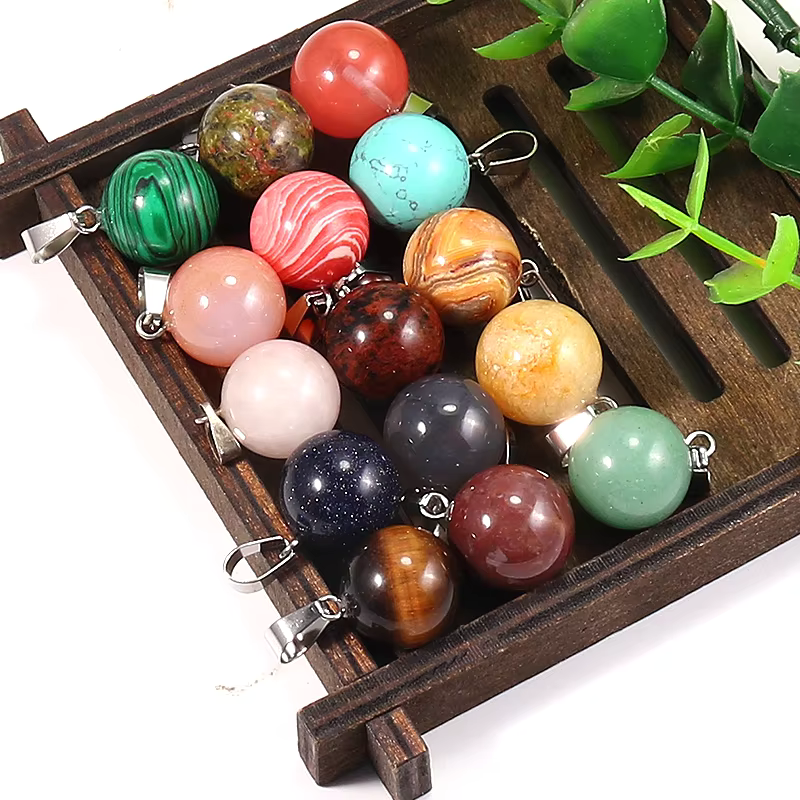 Fashion Natural Quartz Crystal Healing Gemstone Round Ball Beads Stone Necklaces Pendants 