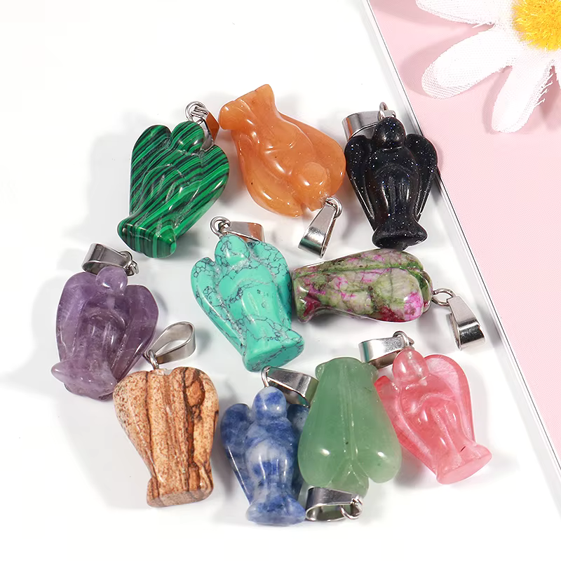 Charms 15*20mm Natural Crystal Gemstone Angel Pendant Mixed Carved Guardian Angel Statue Pendants 