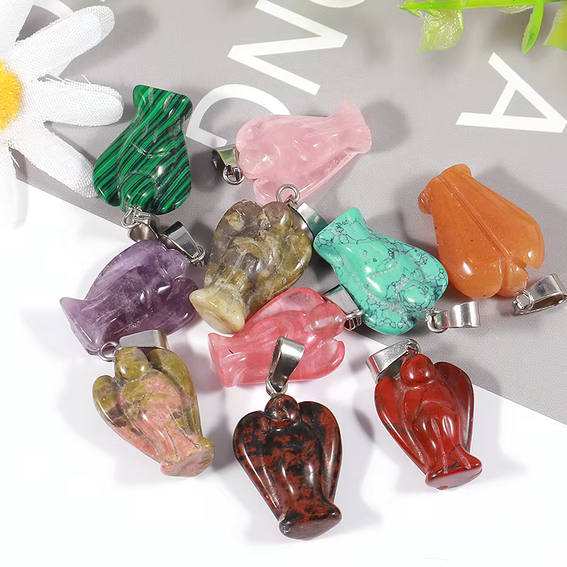 Charms 15*20mm Natural Crystal Gemstone Angel Pendant Mixed Carved Guardian Angel Statue Pendants 