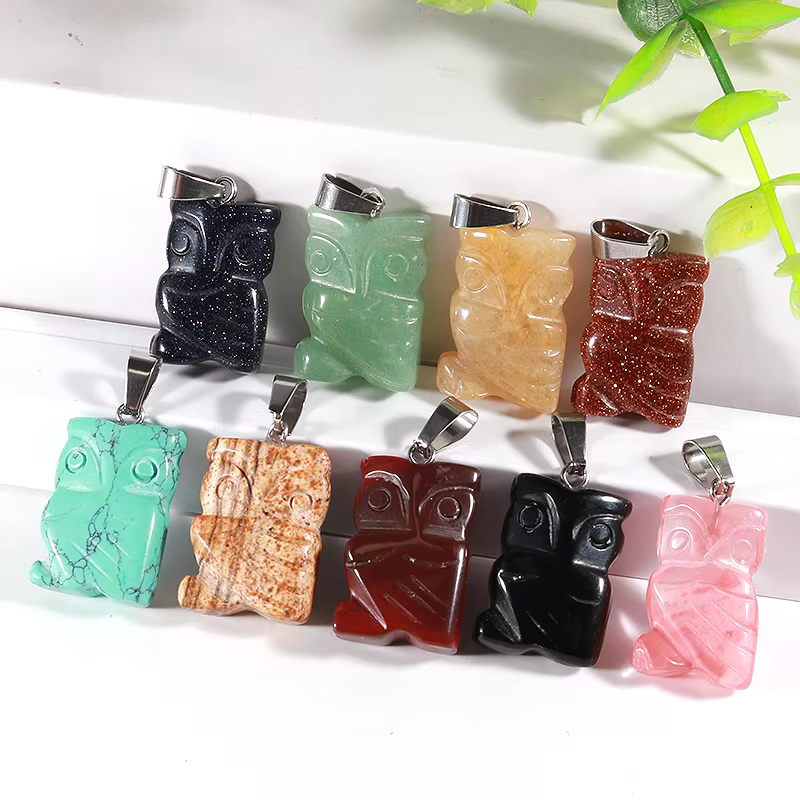 Charms Natural Crystal Quartz Animal Gemstone Necklace Owl Stone Bead Pendant For Jewelry Making