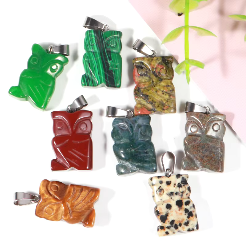 Charms Natural Crystal Quartz Animal Gemstone Necklace Owl Stone Bead Pendant For Jewelry Making
