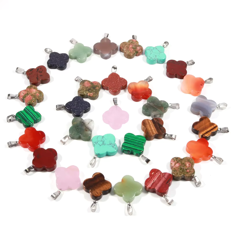 Natural Gemstone Four Leaf Lucky Clover Bead Stone Pendants for Jewelry Making Alloy Pendant 