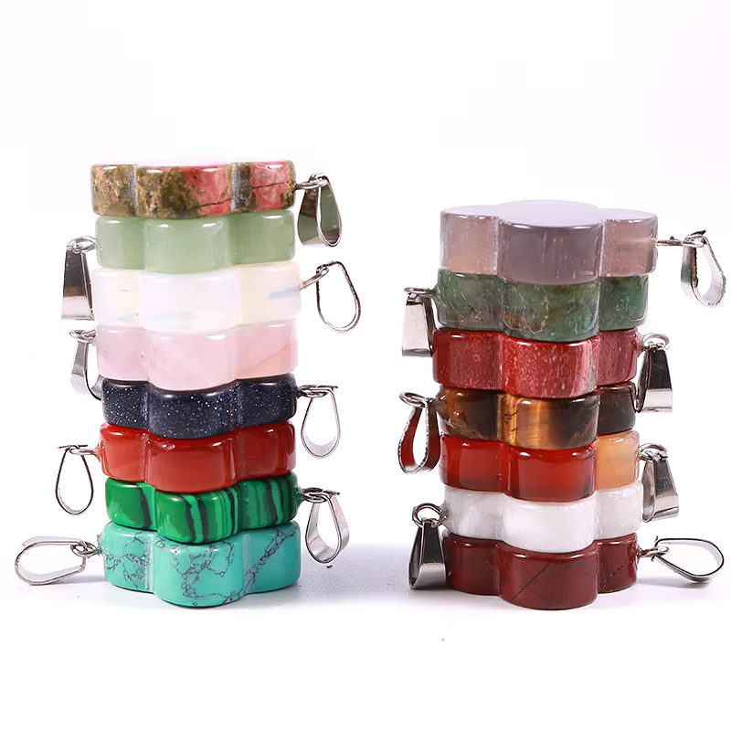 Natural Gemstone Four Leaf Lucky Clover Bead Stone Pendants for Jewelry Making Alloy Pendant 