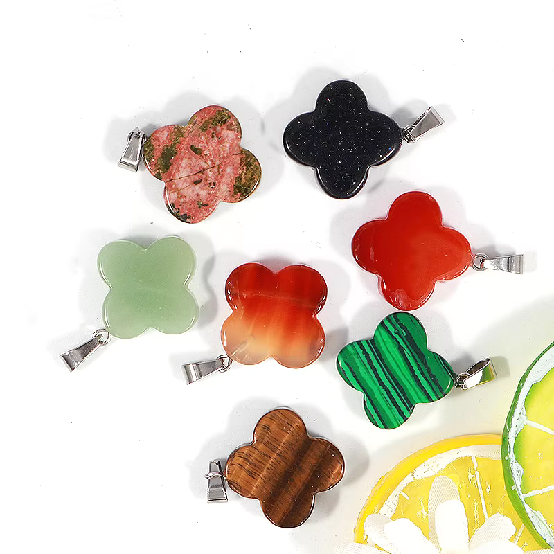 Natural Gemstone Four Leaf Lucky Clover Bead Stone Pendants for Jewelry Making Alloy Pendant 