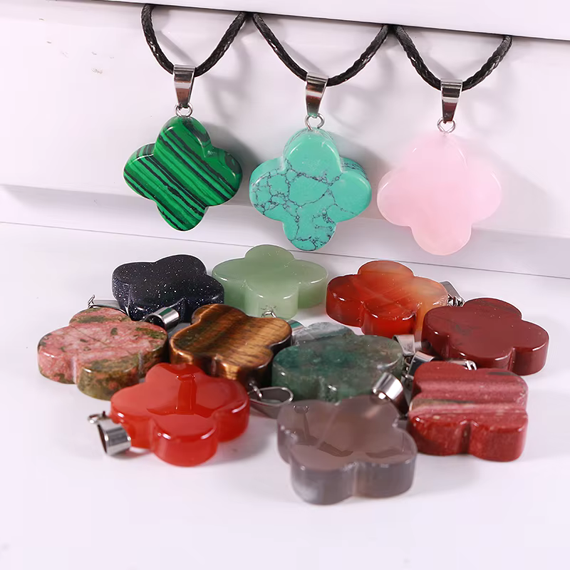 Natural Gemstone Four Leaf Lucky Clover Bead Stone Pendants for Jewelry Making Alloy Pendant 