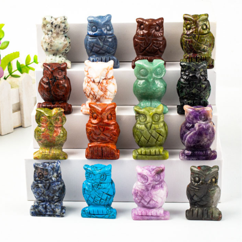 Natural Stone Crystal Carving Animal Figurine Delicate Crystal Night Owl Gemstone for Home Decor